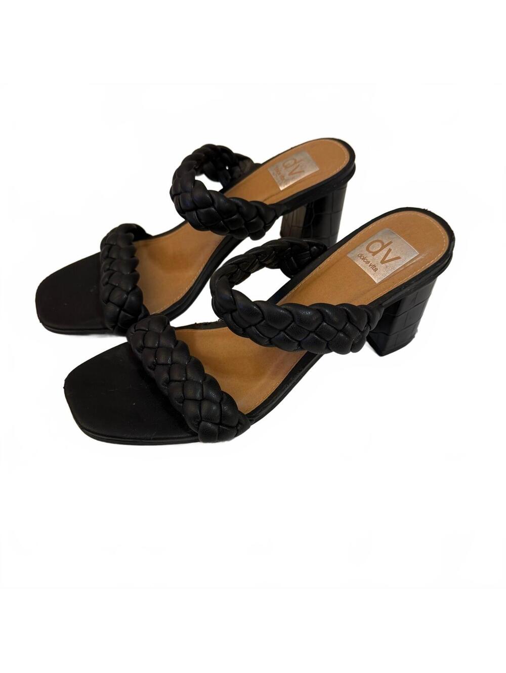 DV Dolce Vita Black Braided Block Heel Slide Sandals Womens 8.5 Square Toe Croc